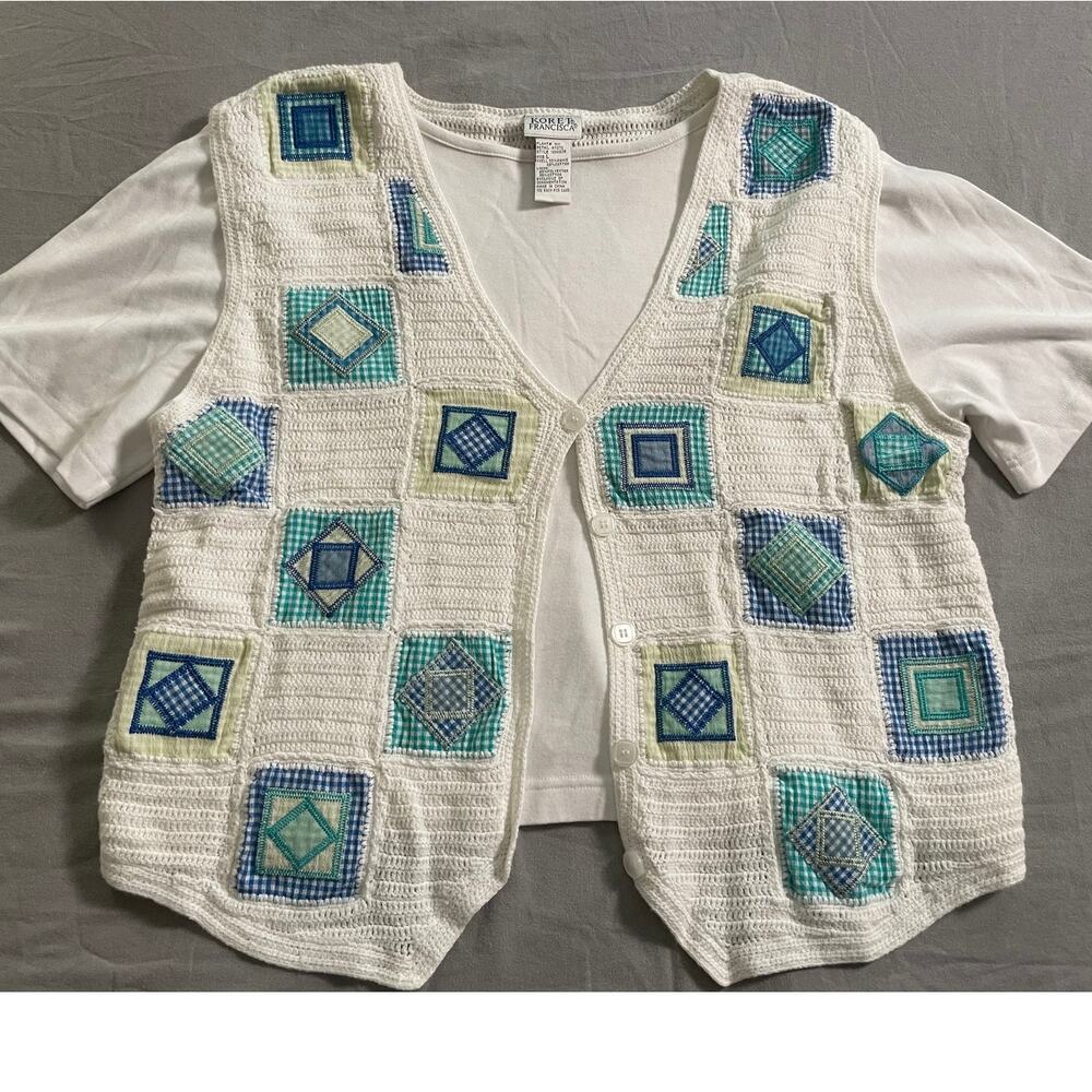 Vtg. KORET Francesca Crochet patchwork Faux top Shirt SZ L